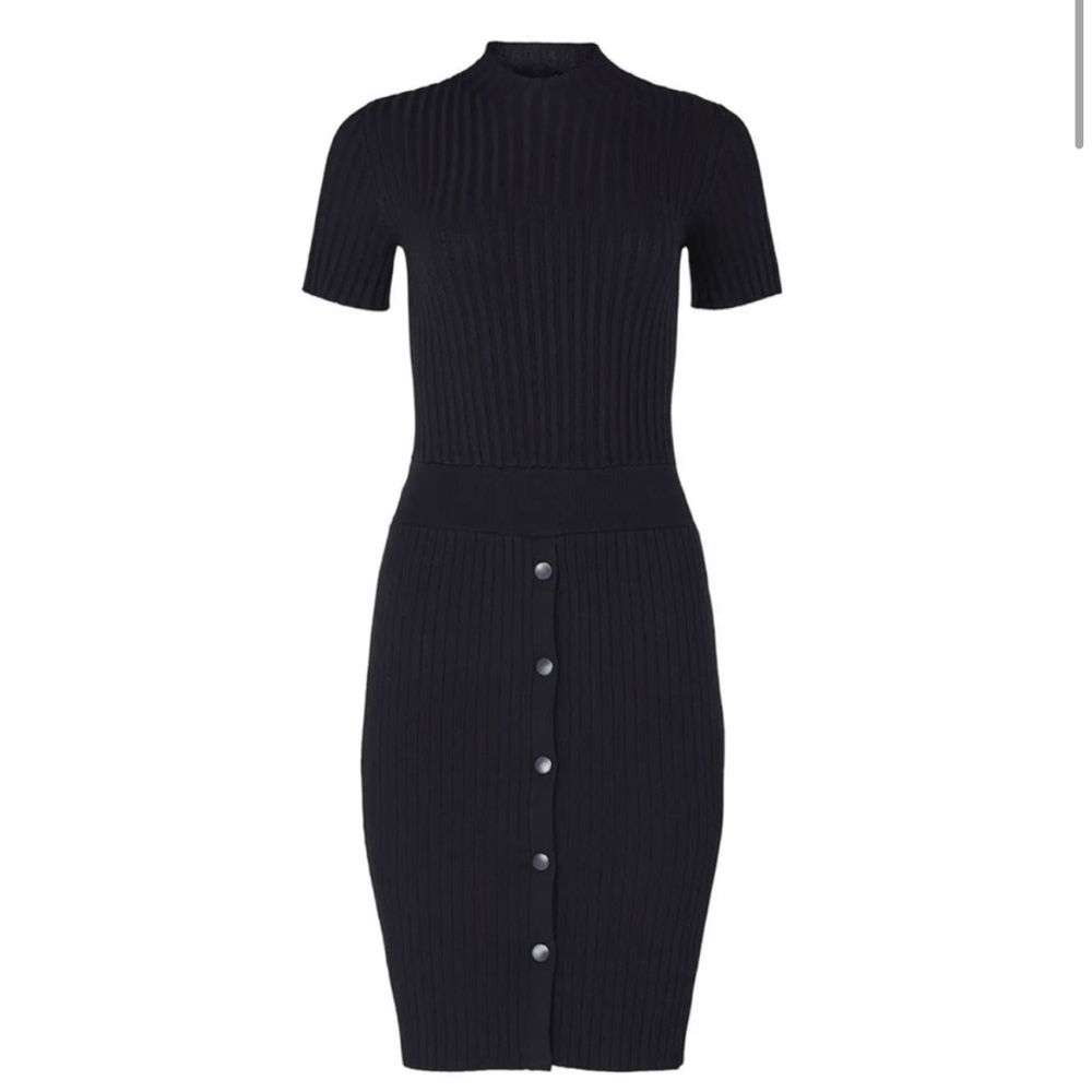 Armani rib-knit dress featuring a silhouette-skimming cut. Used. Size 38